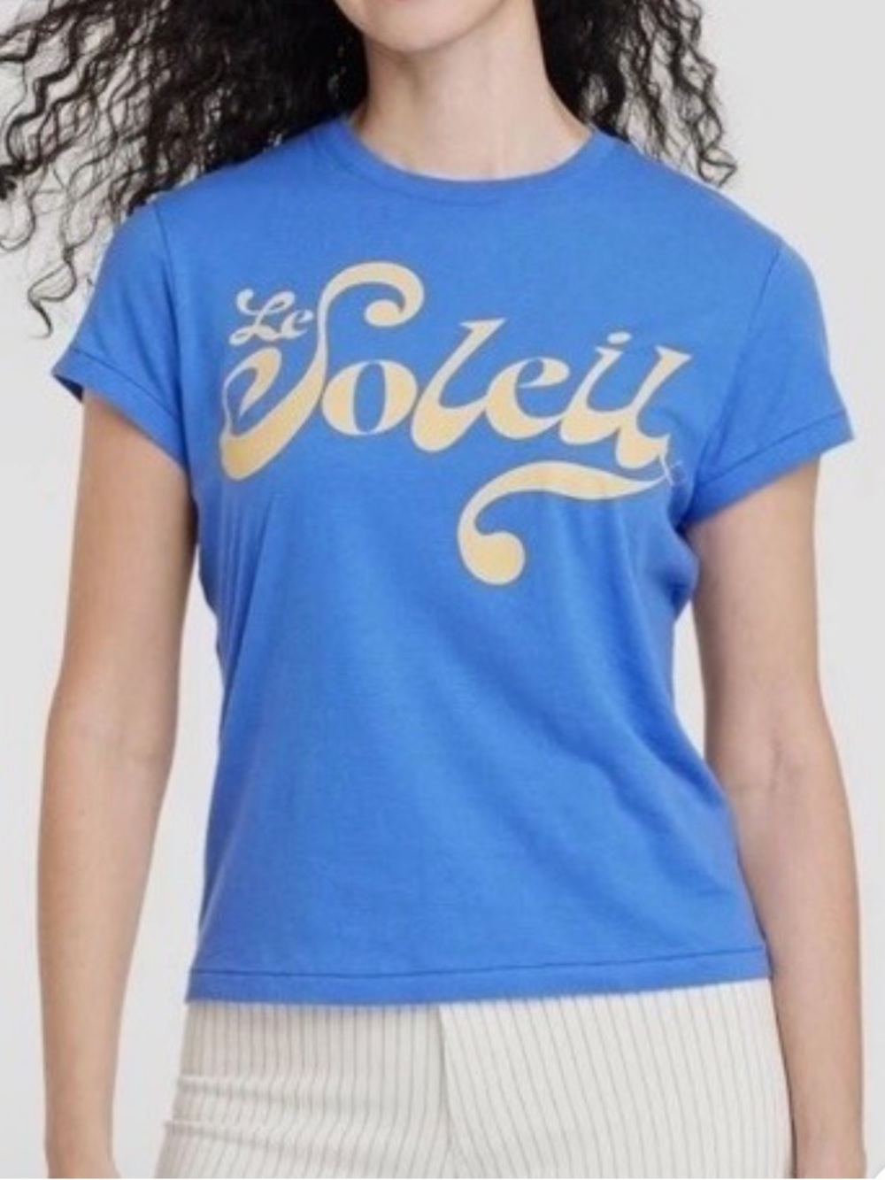 Universal Thread Blue Tee with Yellow Script "Le Soleil"